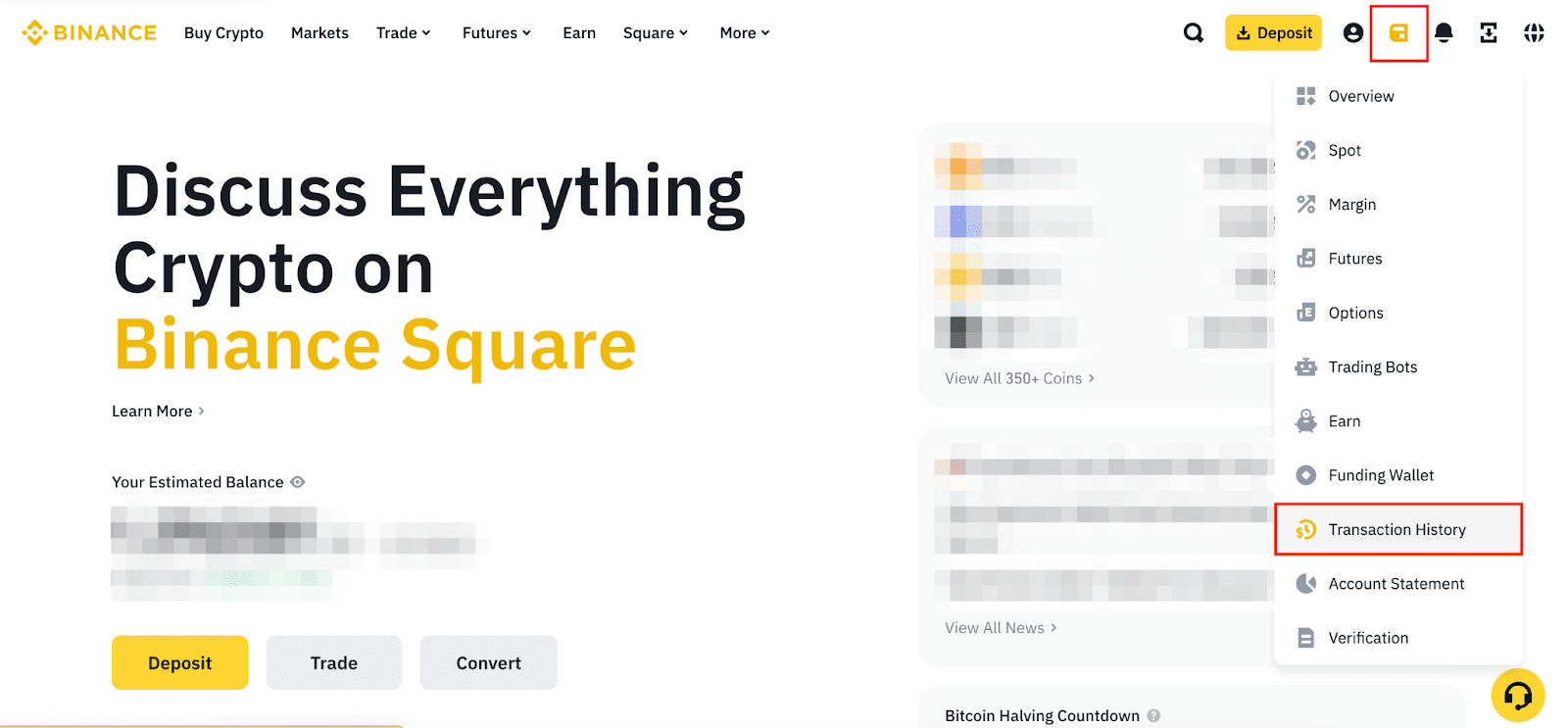 Binance — Busca Historial de transacciones dentro del menú de la cartera.