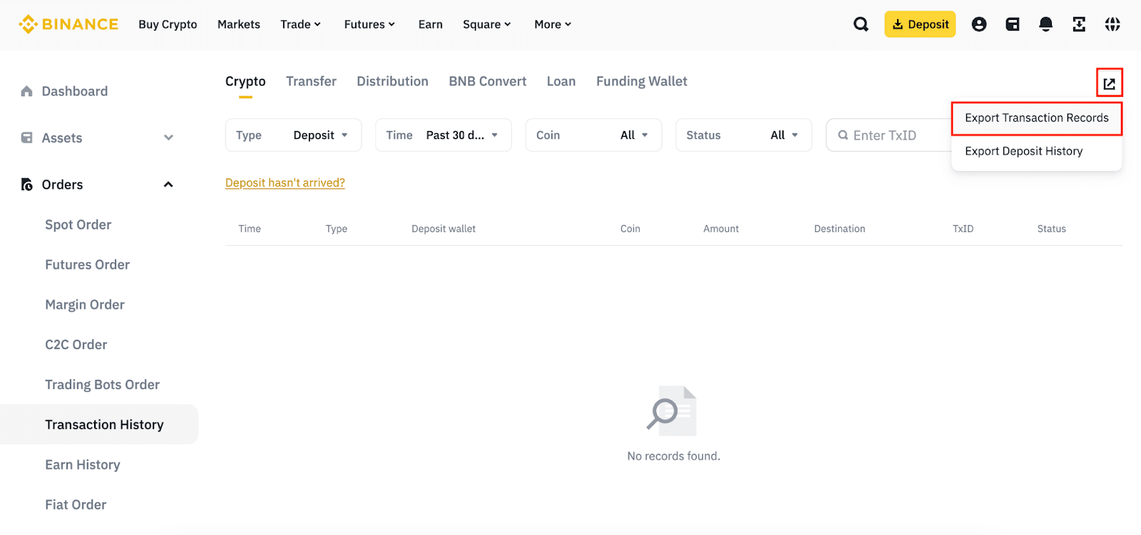 Binance — El menú de exportación está en la esquina superior derecha del historial.
