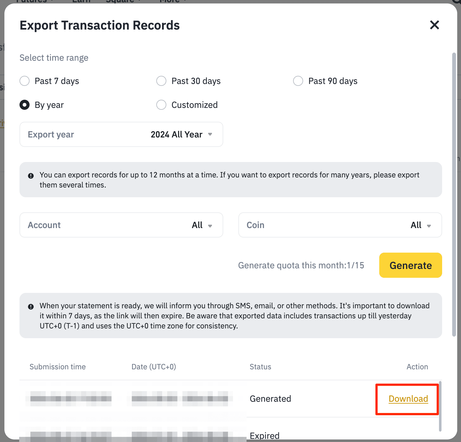 Binance — Cuando el estado sea Generated, aparecerá el enlace Download.