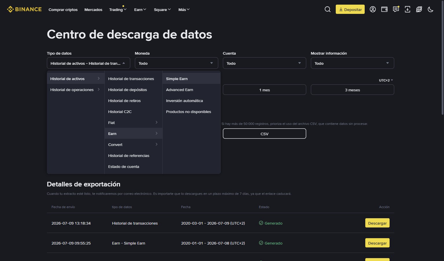 Binance — Selecciona Simple Earn en el desplegable del centro de descarga de datos.