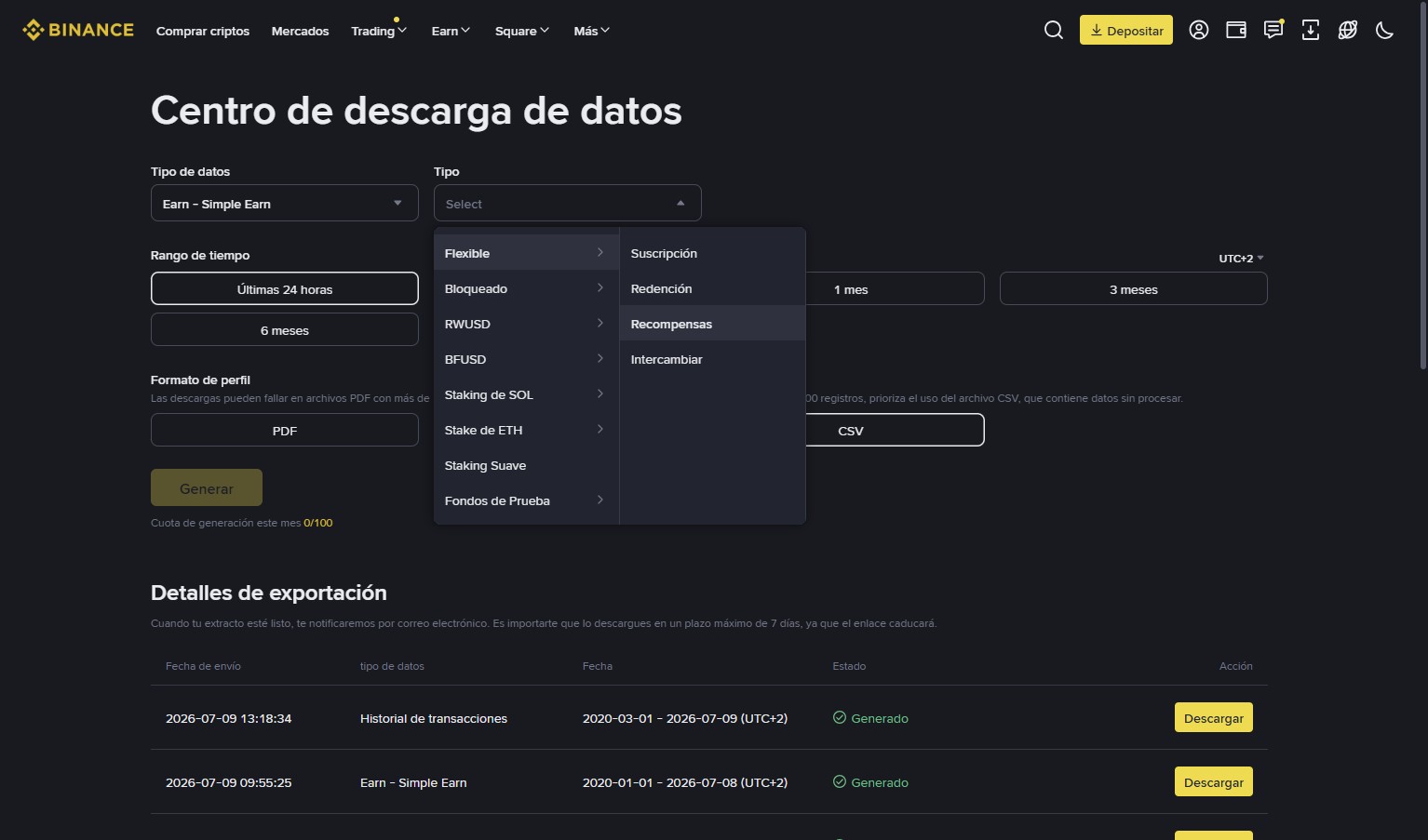 Binance — Dentro de Flexible, elige Recompensas para descargar los rendimientos.