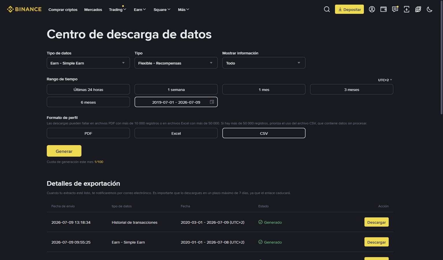 Binance — Antes de generar, comprueba Flexible - Recompensas, las fechas y CSV.