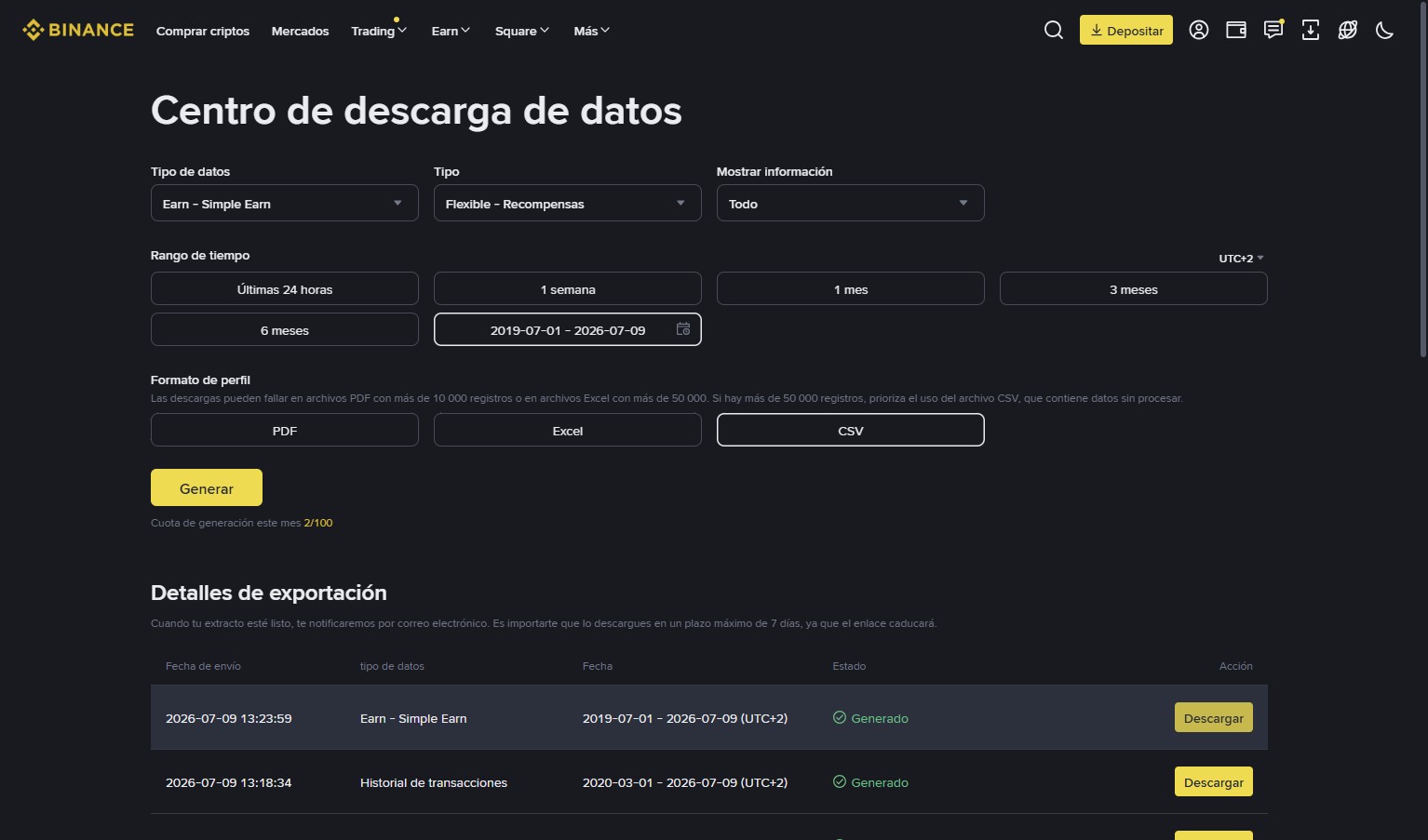 Binance — Descarga la fila de Earn - Simple Earn cuando el estado sea Generado.