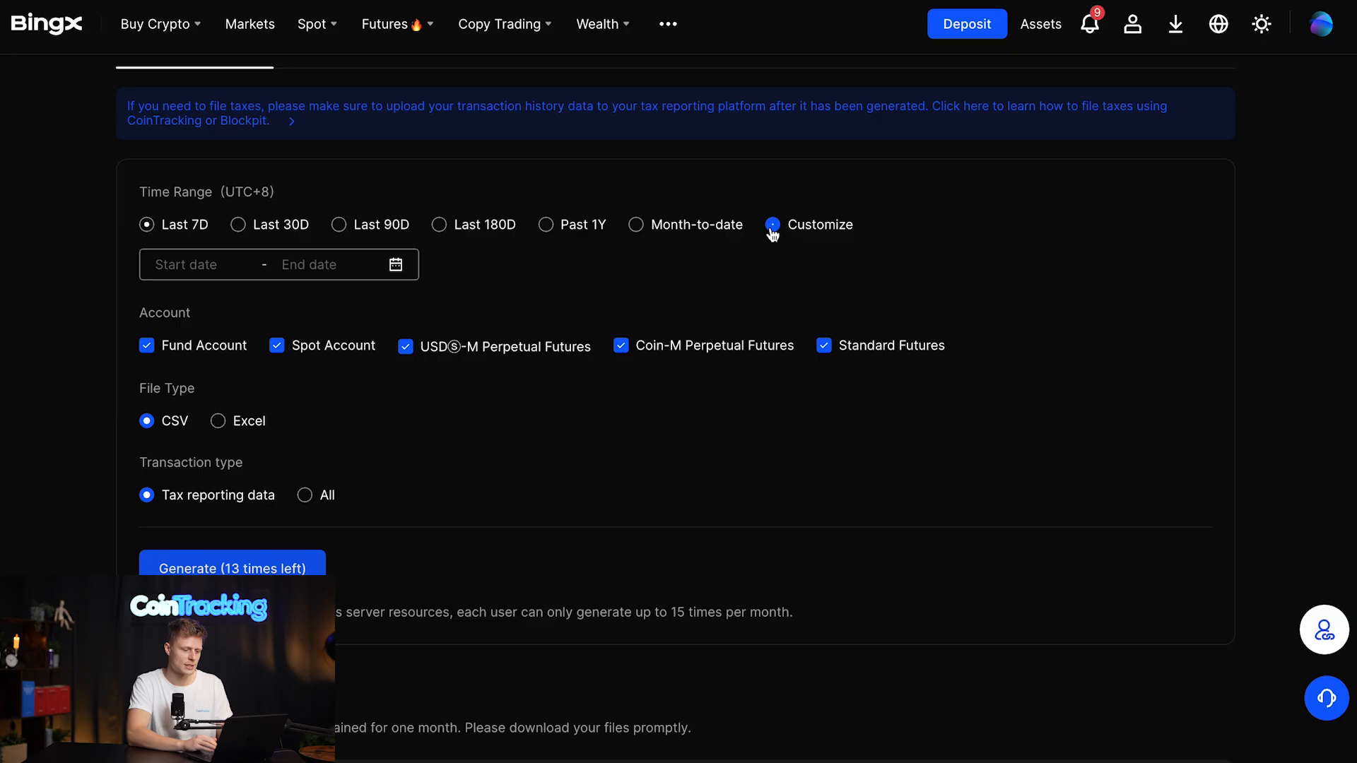 BingX — Fotograma de CoinTracking (0:50): ubicación del periodo, las cuentas, CSV y All. Los selectores reflejan el ejemplo del vídeo; aplica tus fechas y las opciones indicadas en el paso.