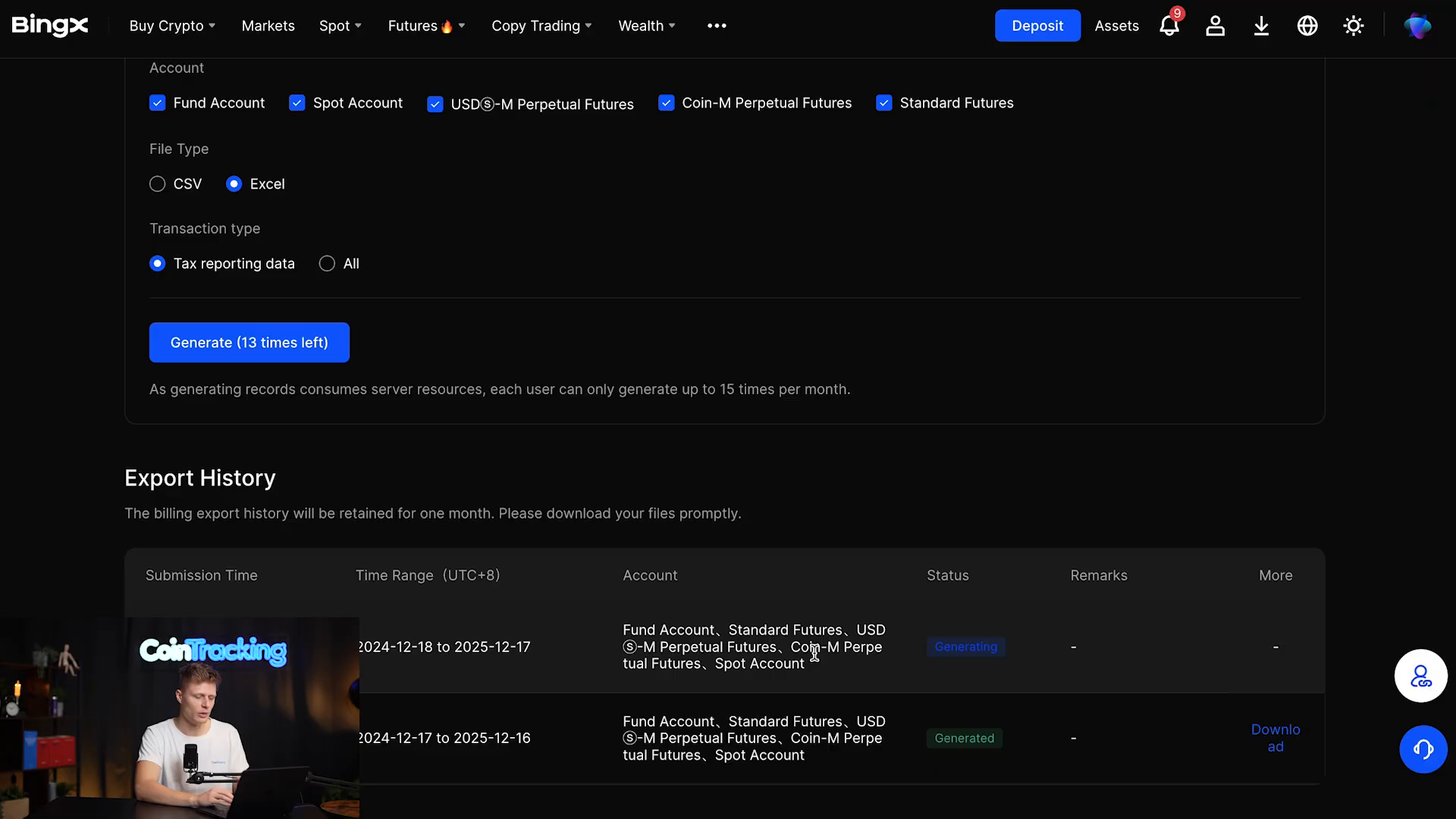 BingX — Fotograma de CoinTracking (1:35). Download aparece en la última columna cuando el archivo está preparado. El ejemplo del vídeo usa Excel; para esta guía, genera tus solicitudes en CSV.