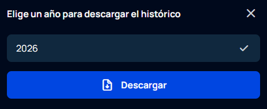 Bit2Me — Selecciona el año que necesitas antes de pulsar Descargar; 2026 es el año del ejemplo.