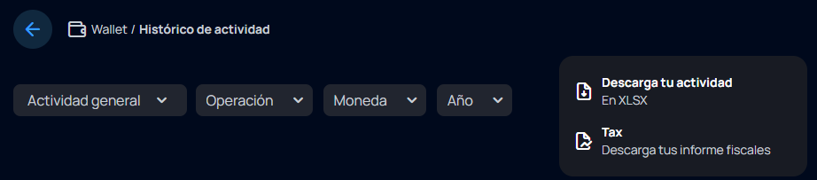 Bit2Me — La opción Descarga tu actividad permite obtener el historial en Excel.