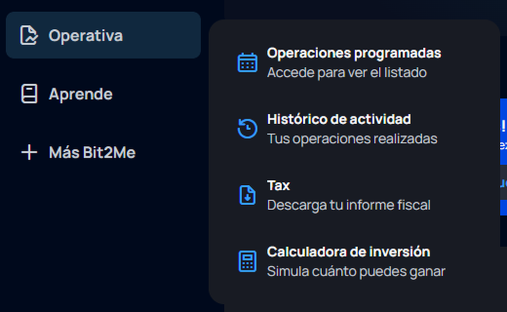Bit2Me — Abre Operativa y selecciona Histórico de actividad.