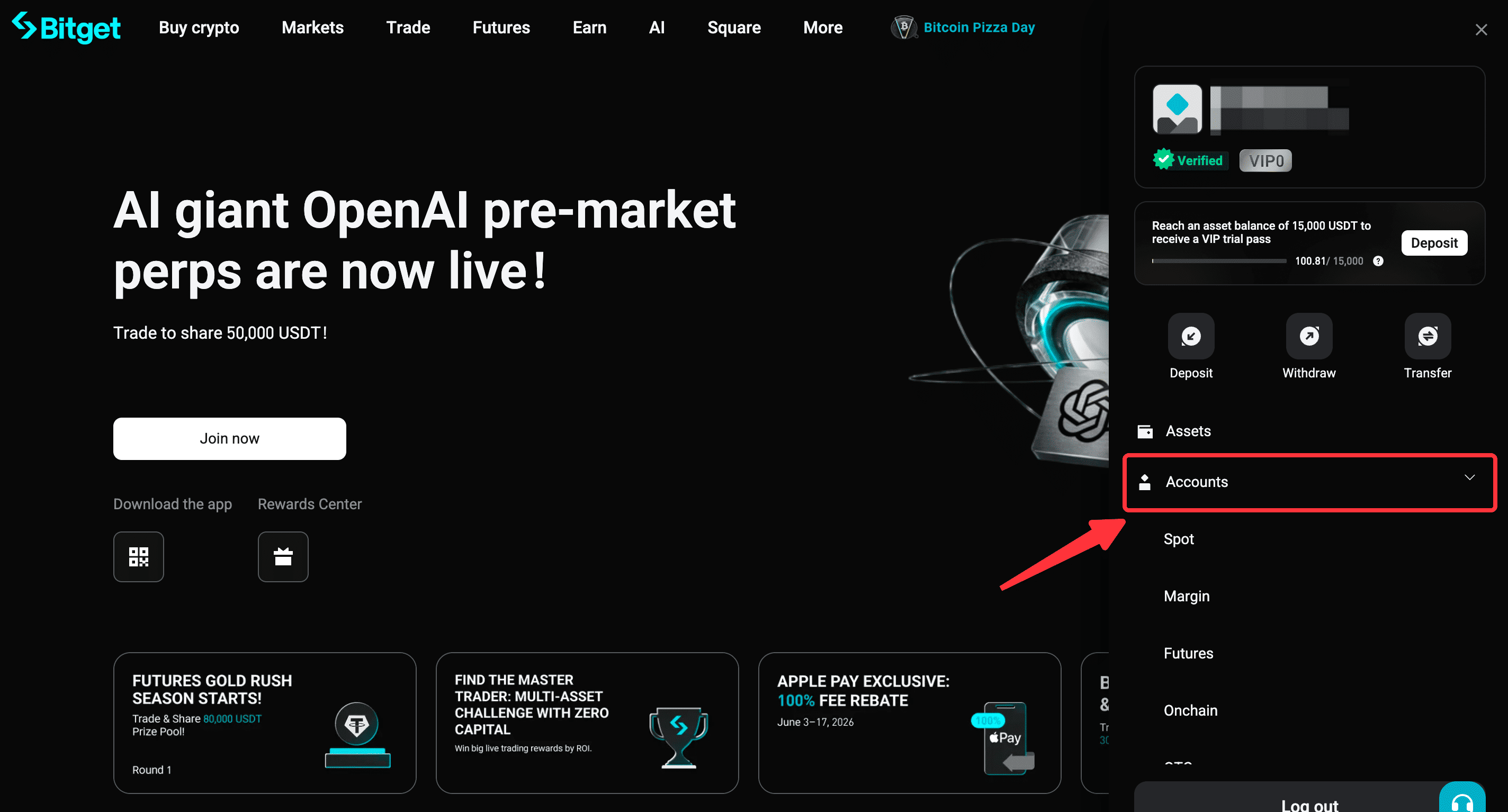 Bitget — Abre Accounts en el menú del perfil y elige el producto.