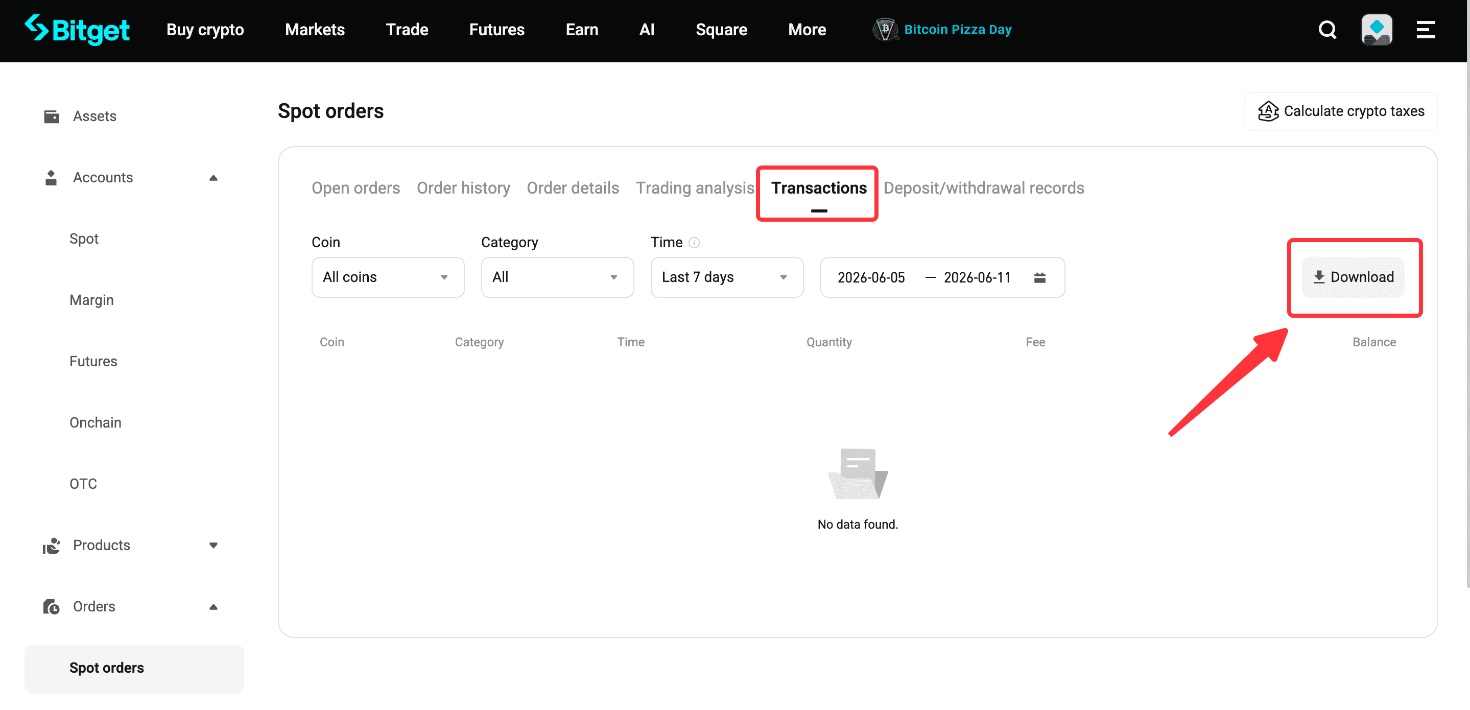 Bitget — Utiliza el botón Download de la pestaña Transactions.