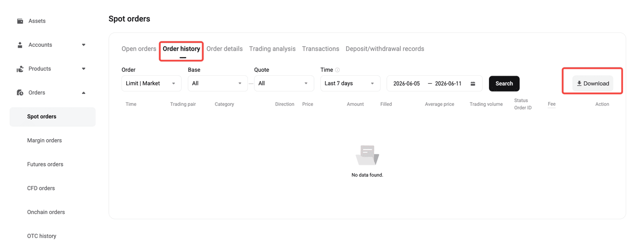 Bitget — El historial de órdenes tiene su propio botón de descarga.