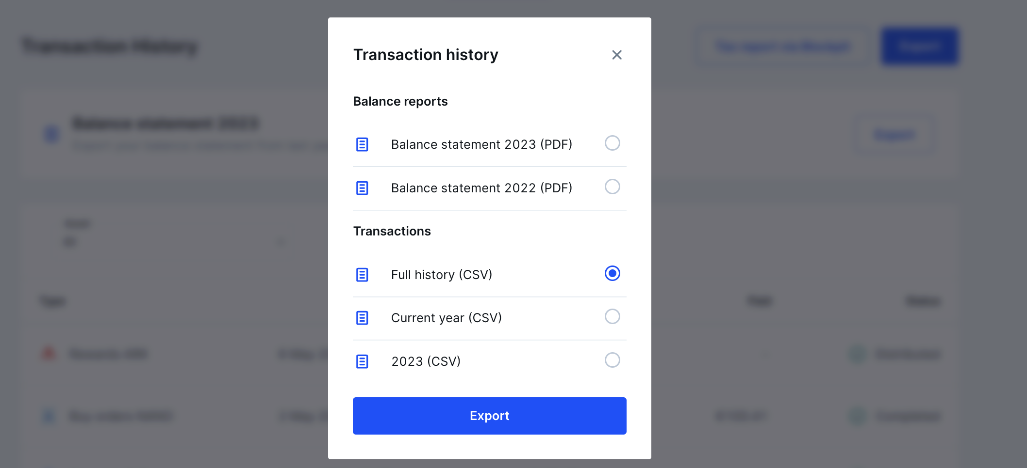Bitvavo — Full history (CSV) descarga el historial completo; los años que ves son solo un ejemplo.