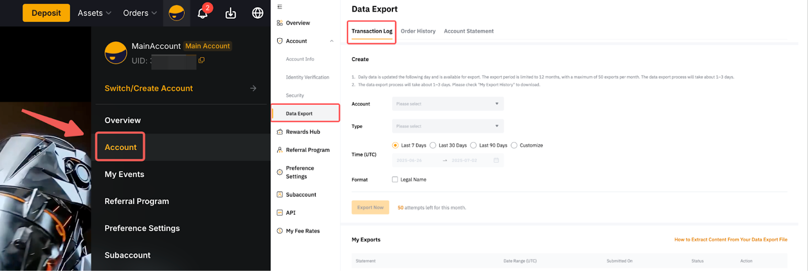 Bybit — Desde la cuenta puedes abrir la página que reúne las exportaciones.