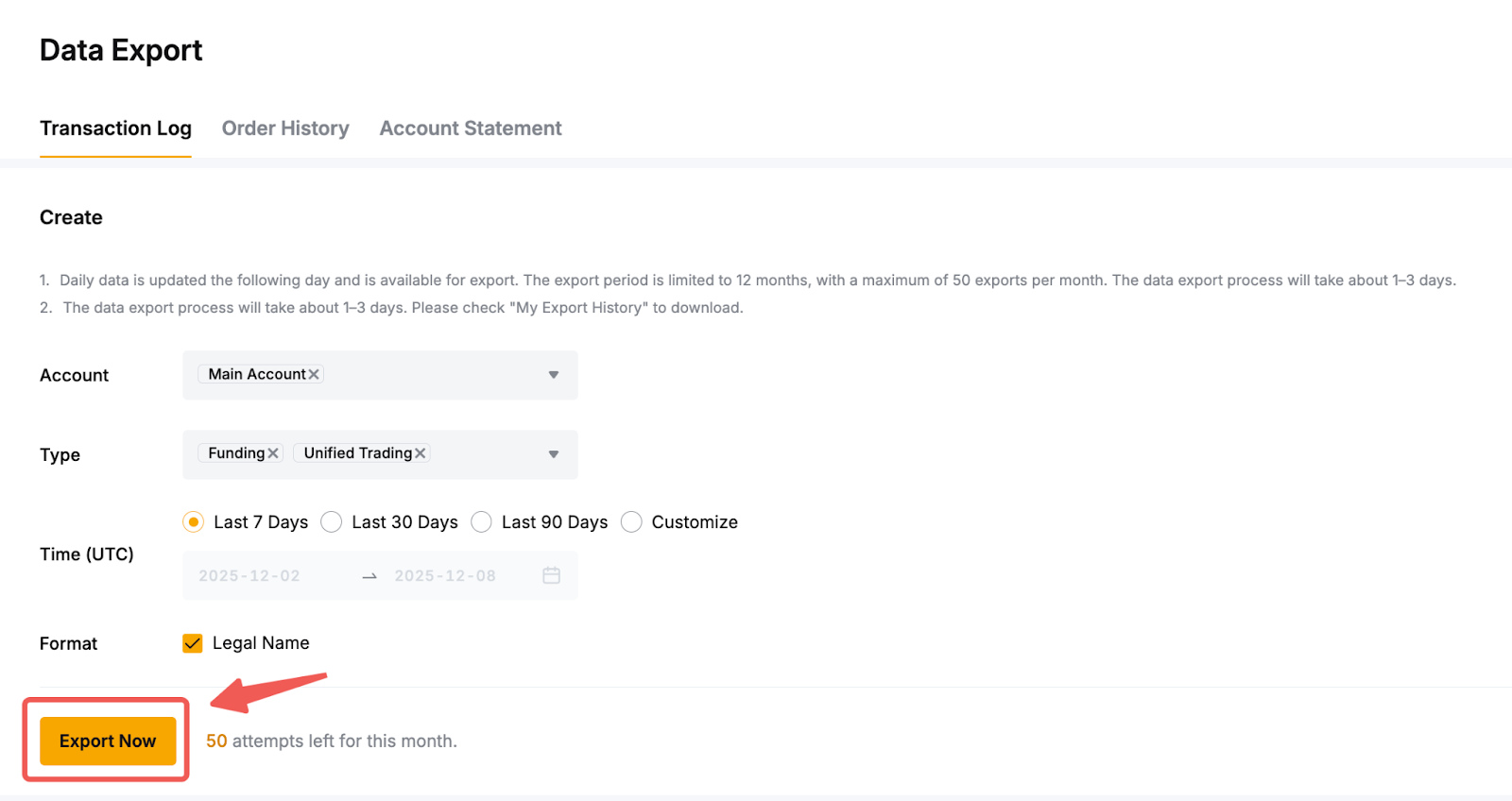 Bybit — El botón Export Now envía la solicitud del registro de movimientos.
