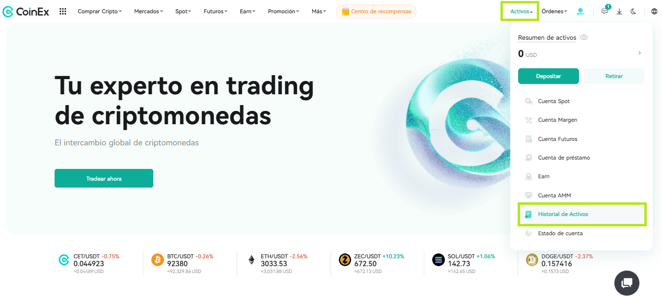 CoinEx — El historial está al final del menú de Activos.