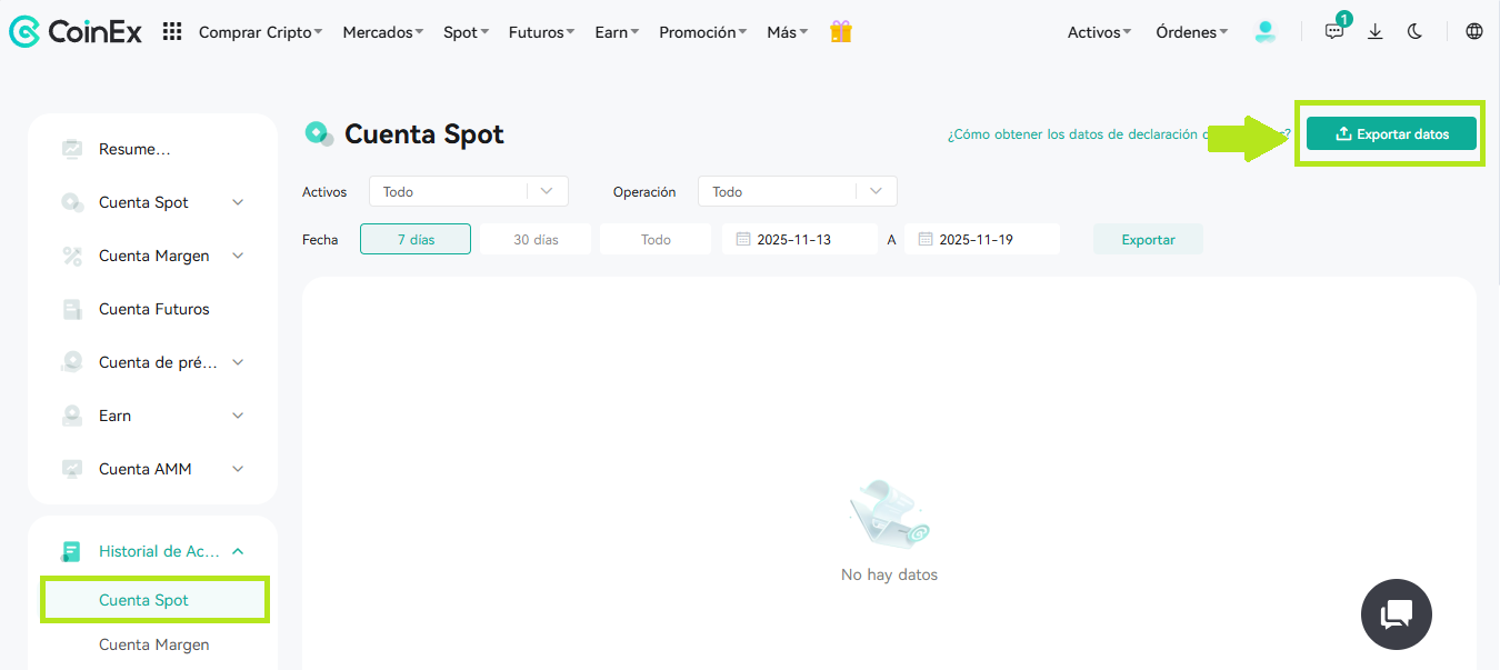 CoinEx — Usa Exportar datos para abrir el formulario de las distintas cuentas.