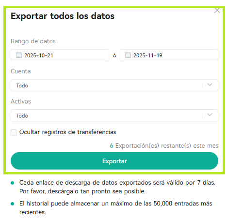 CoinEx — El formulario permite incluir todas las cuentas y conservar las transferencias.