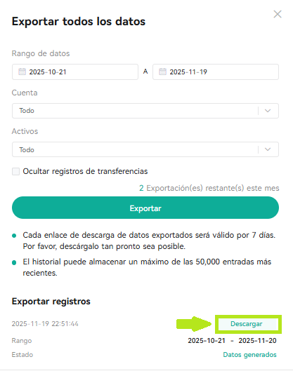 CoinEx — La descarga aparece debajo del formulario cuando los datos están generados.