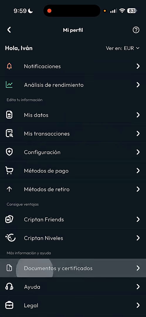 Criptan — Vídeo oficial de Criptan (0:08): acceso a Documentos y certificados.