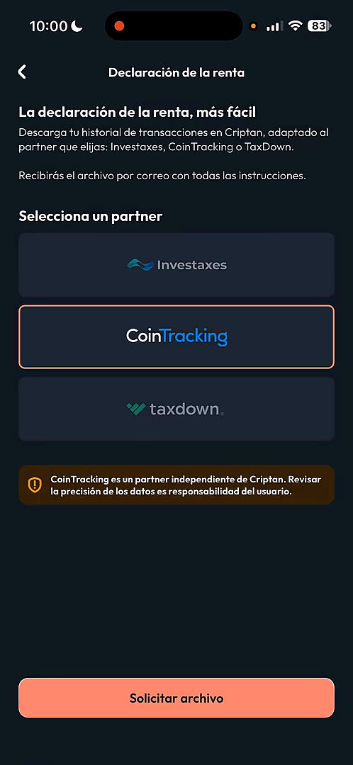 Criptan — Vídeo oficial (0:22): CoinTracking seleccionado y botón Solicitar archivo. La solicitud corresponde al historial de movimientos.