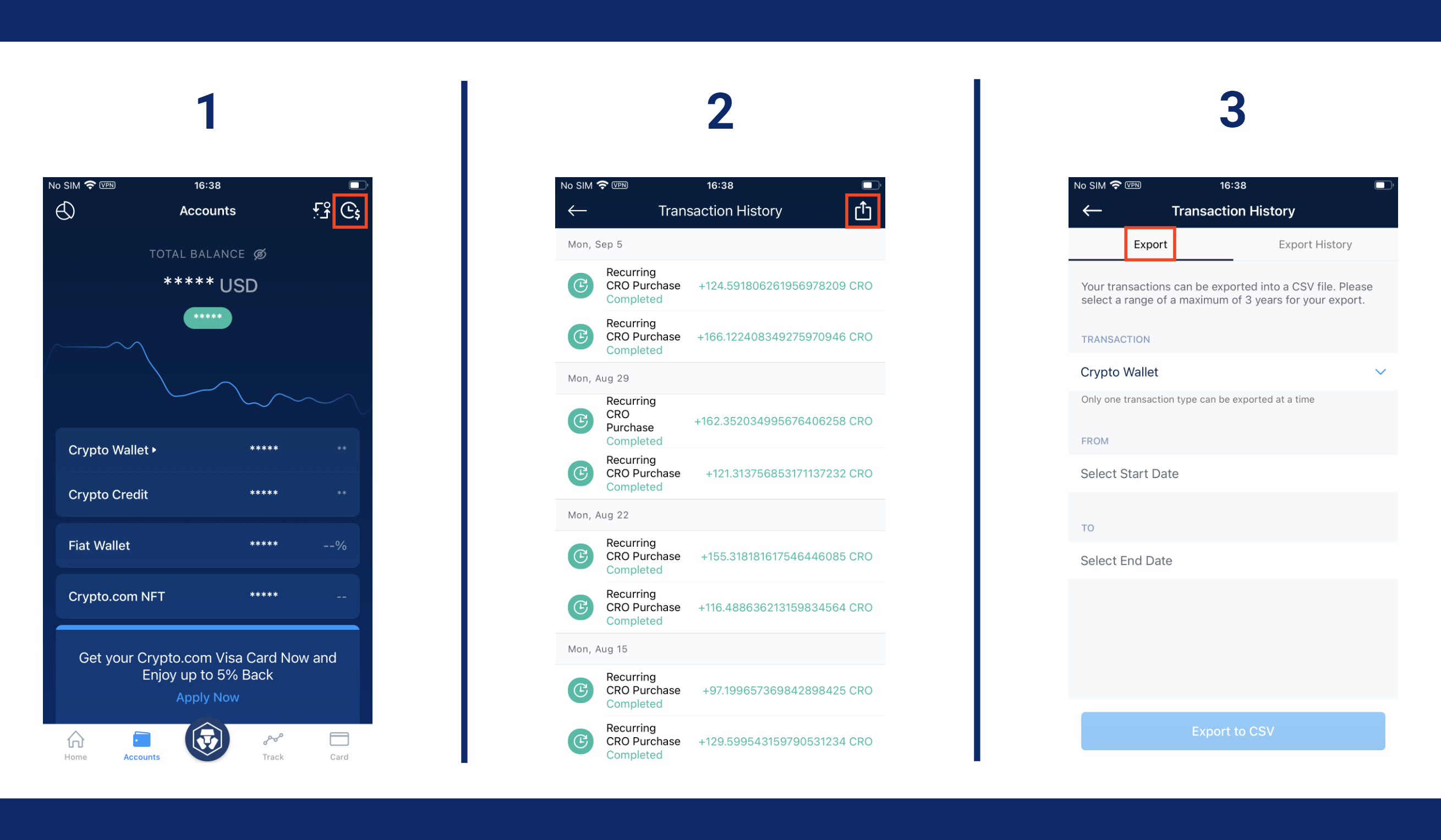 Crypto.com — Sigue las tres pantallas de izquierda a derecha. Los recuadros señalan los iconos que debes tocar.
