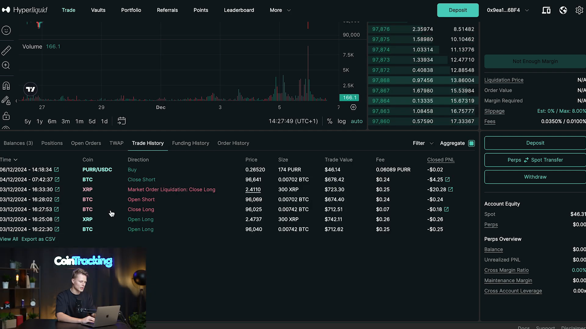 Hyperliquid — En Trade History, el enlace Export as CSV aparece debajo de las operaciones.
