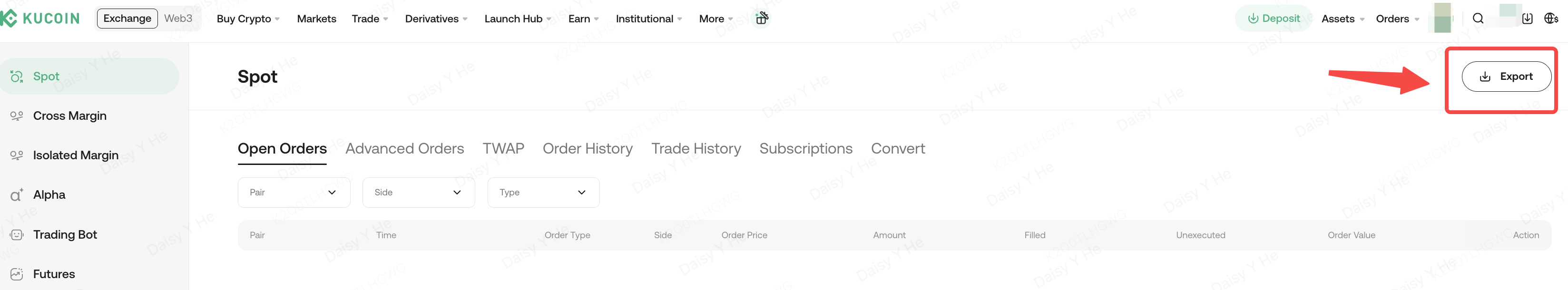 KuCoin — Export está situado arriba a la derecha de la pantalla.