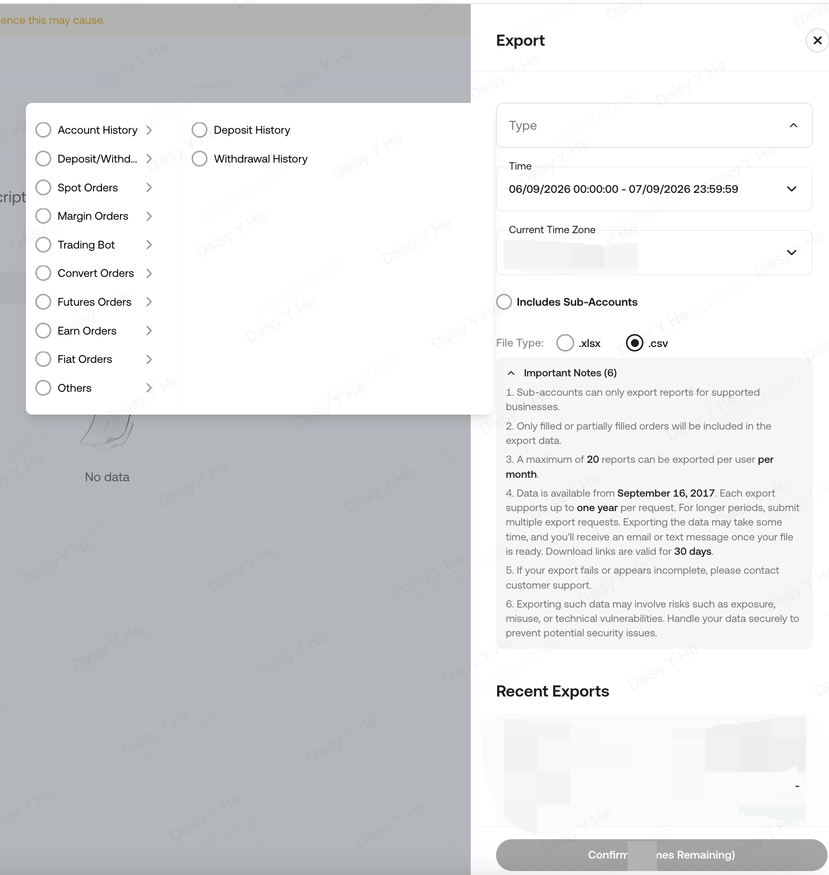 KuCoin — Type permite escoger el historial. En el mismo panel están las fechas, las subcuentas y el formato.