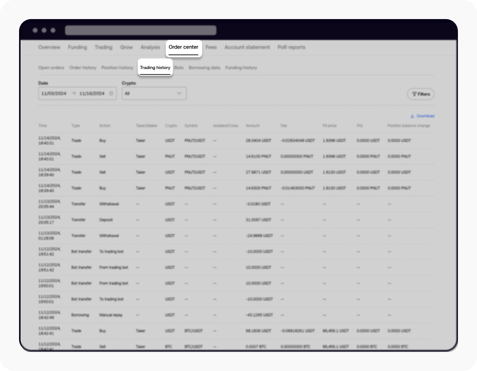 OKX — Dentro de Order center, abre Trading history.