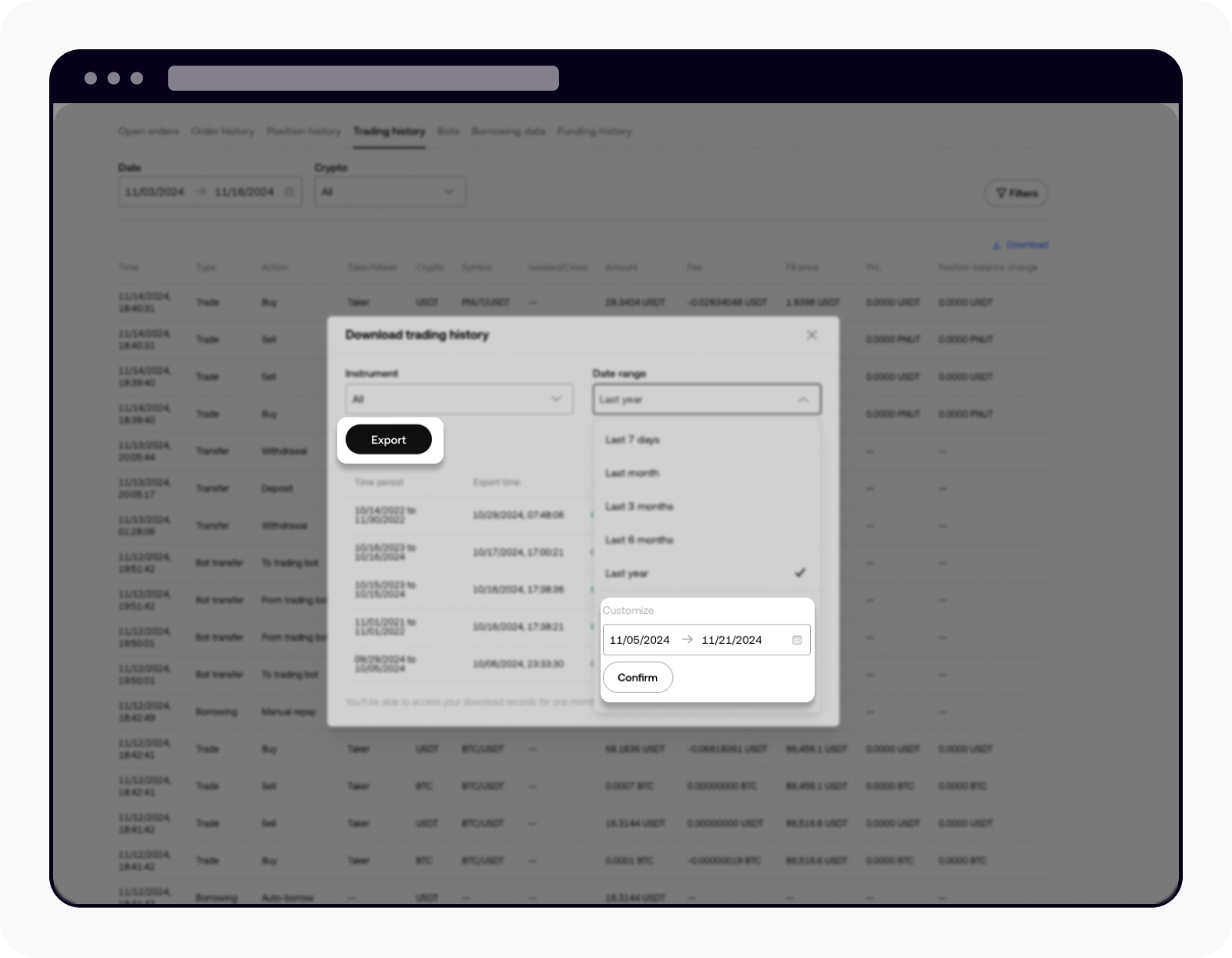 OKX — En Customize puedes indicar las fechas. Después, pulsa Export para generar el archivo.