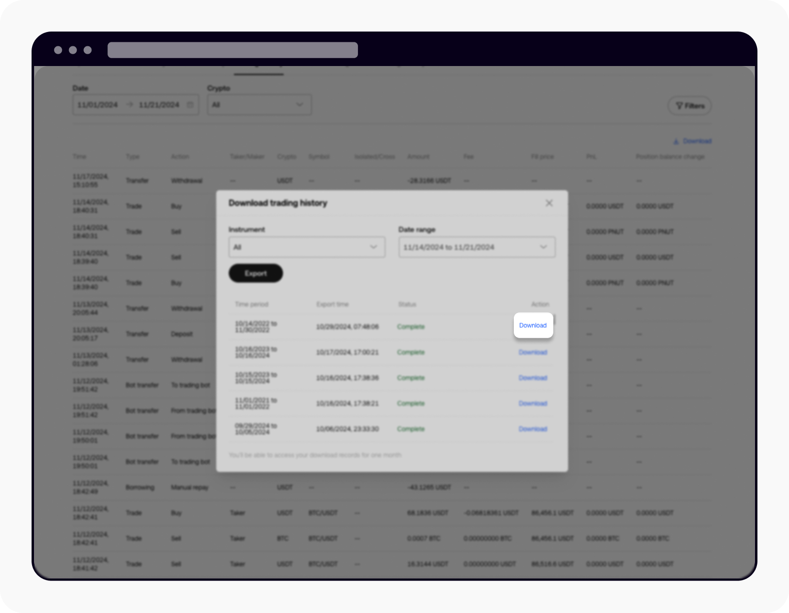 OKX — Cada solicitud tiene su propio enlace Download a la derecha.