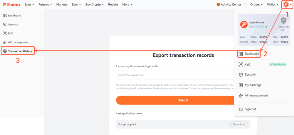 Pionex — Captura oficial: el menú del perfil lleva al panel y al historial de transacciones.