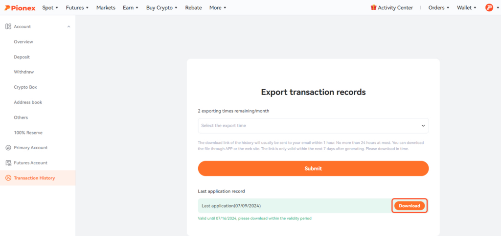 Pionex — El botón Download se activa en el registro de la solicitud completada.